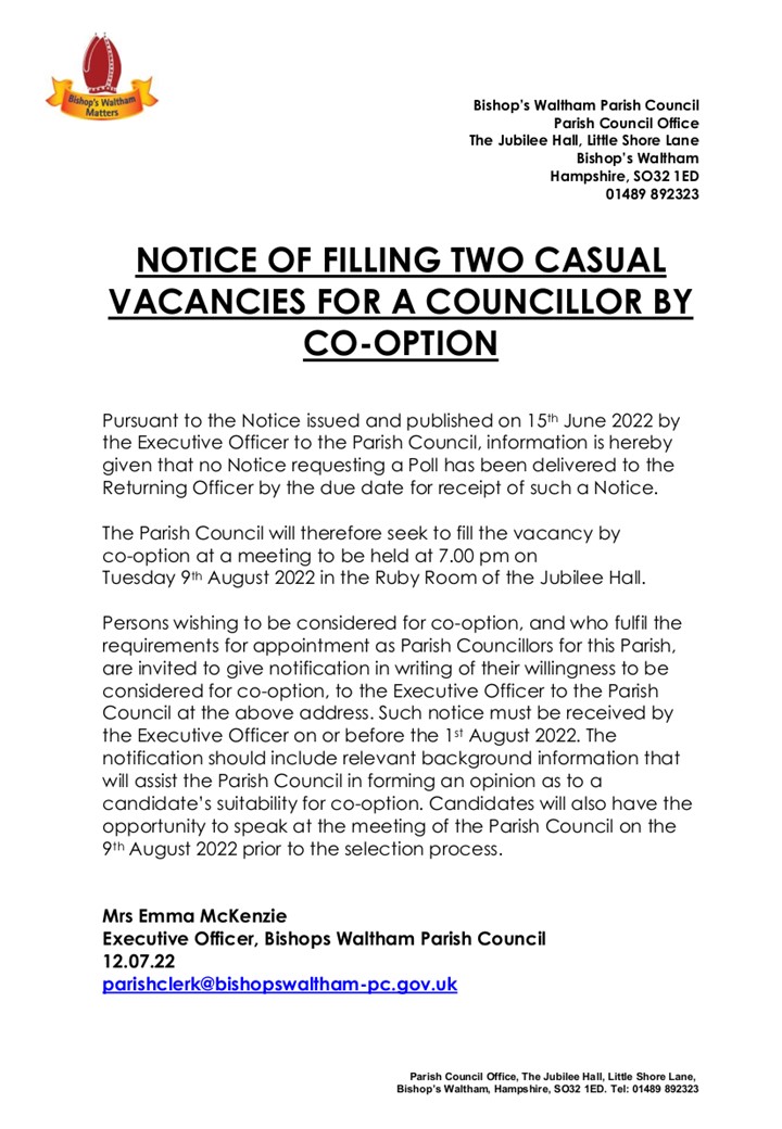 NOTICE OF FILLING TWO CASUAL VACANCIES FOR A COUNCILLOR BY CO-OPTION