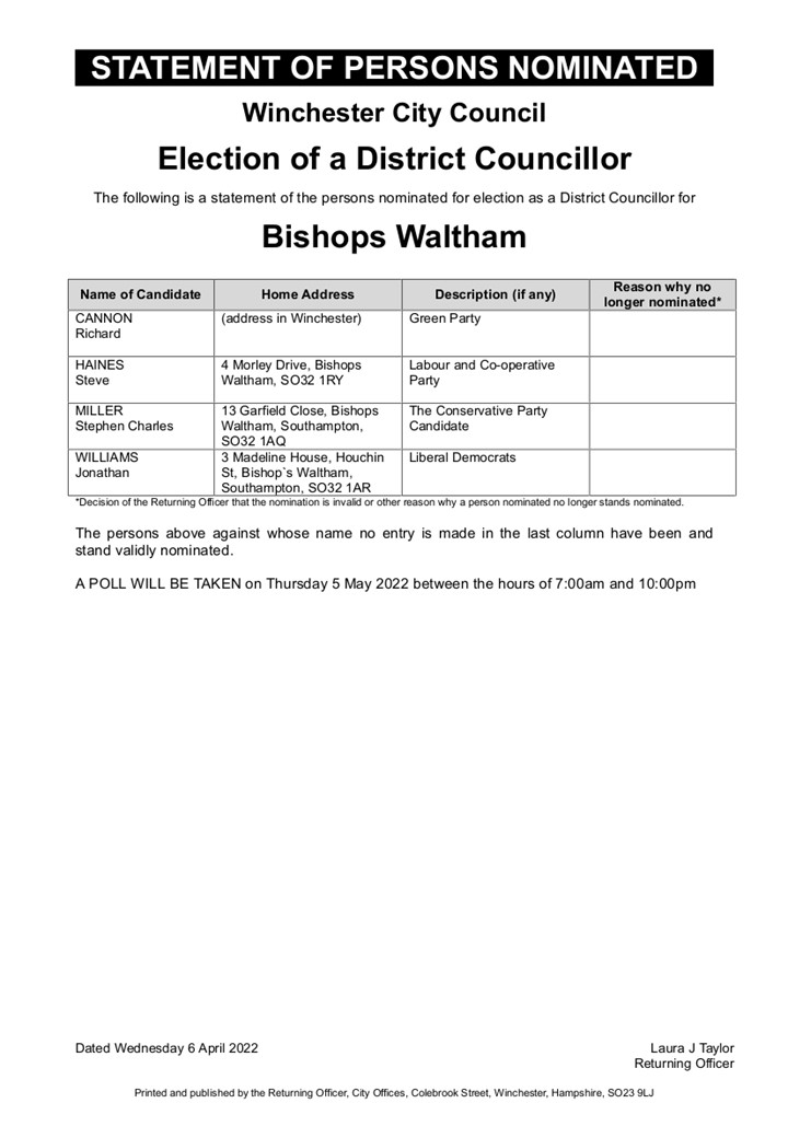 Election of a District Councillor for Bishop