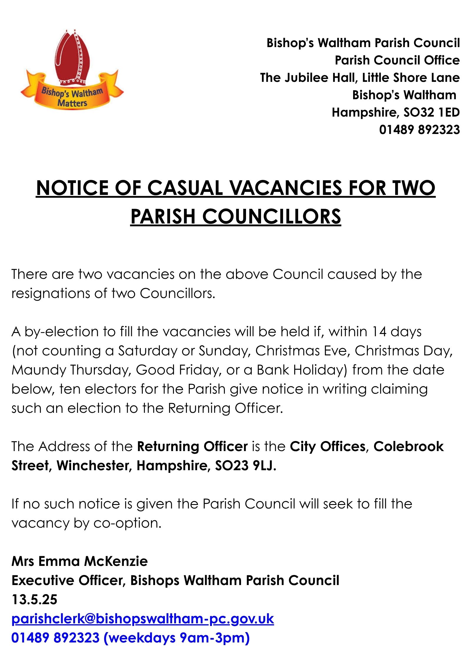 Notice casual vacancies for two Parish Councillors
