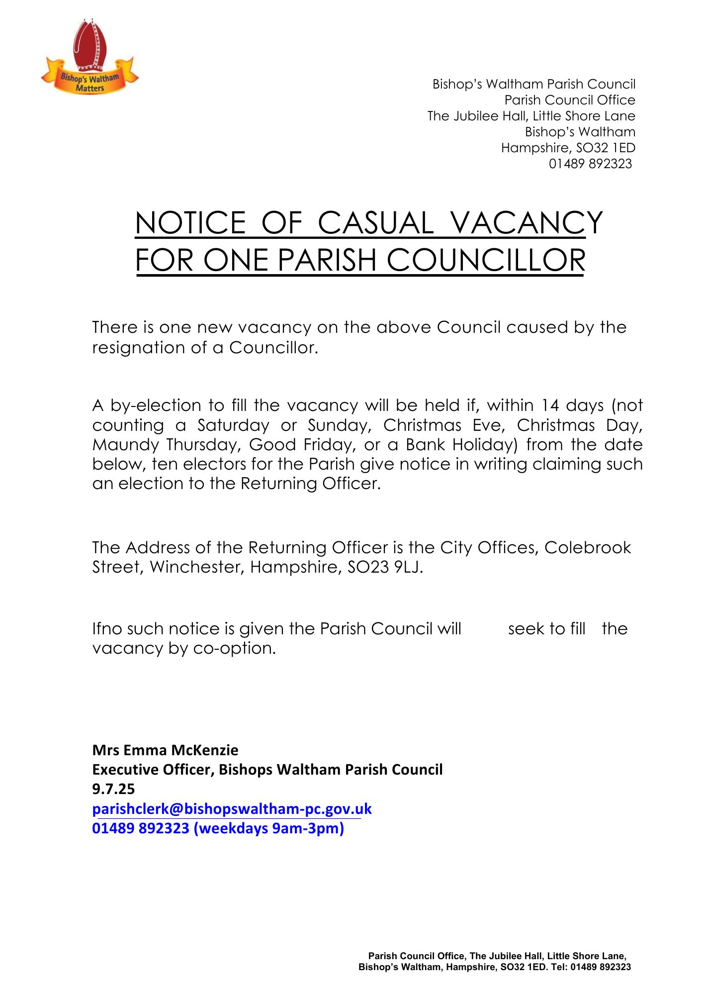 Notice of casual vacancy for one parish councillor