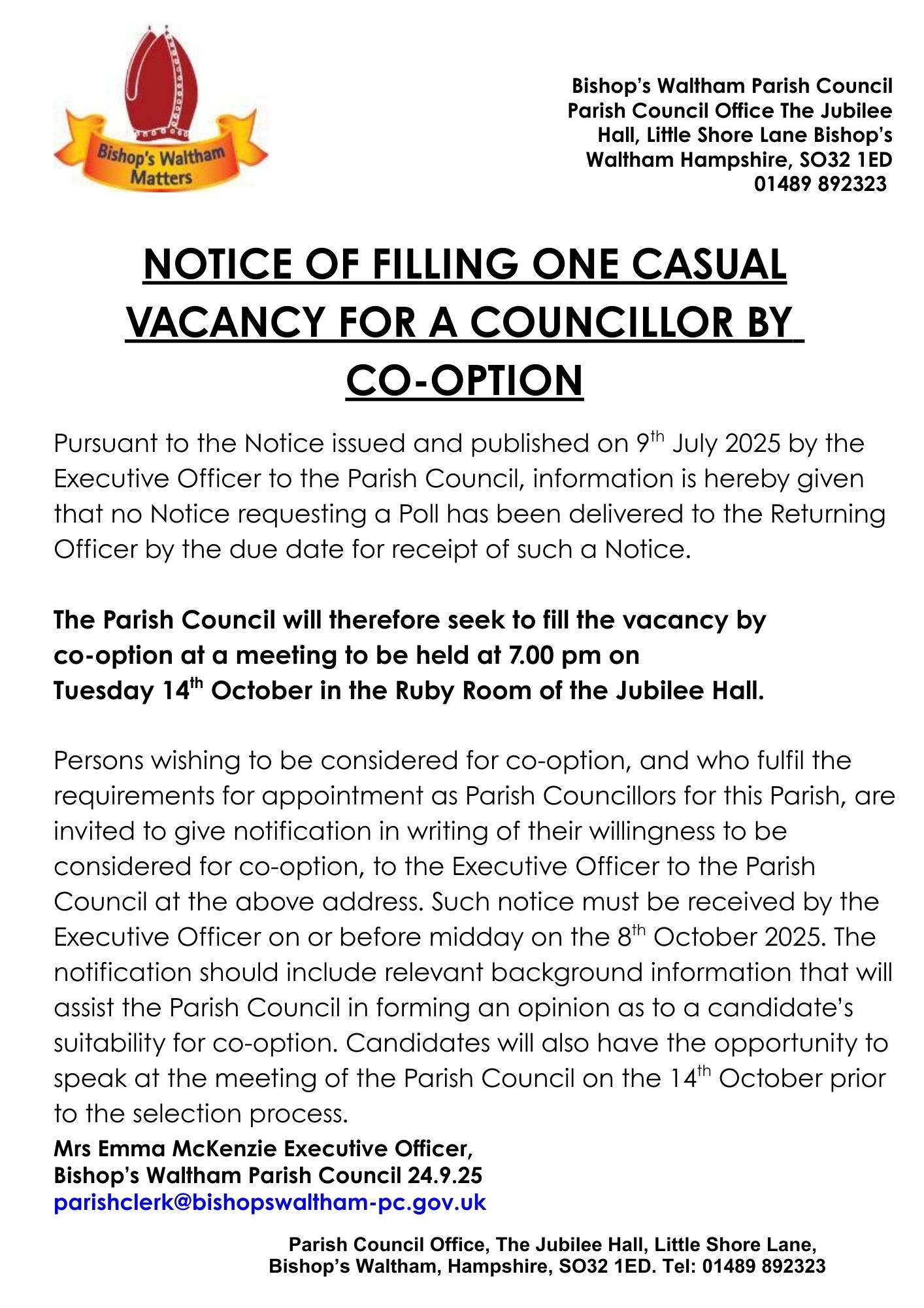 Notice of Filling One Casual Vacancy For a Councillor By Co-Option