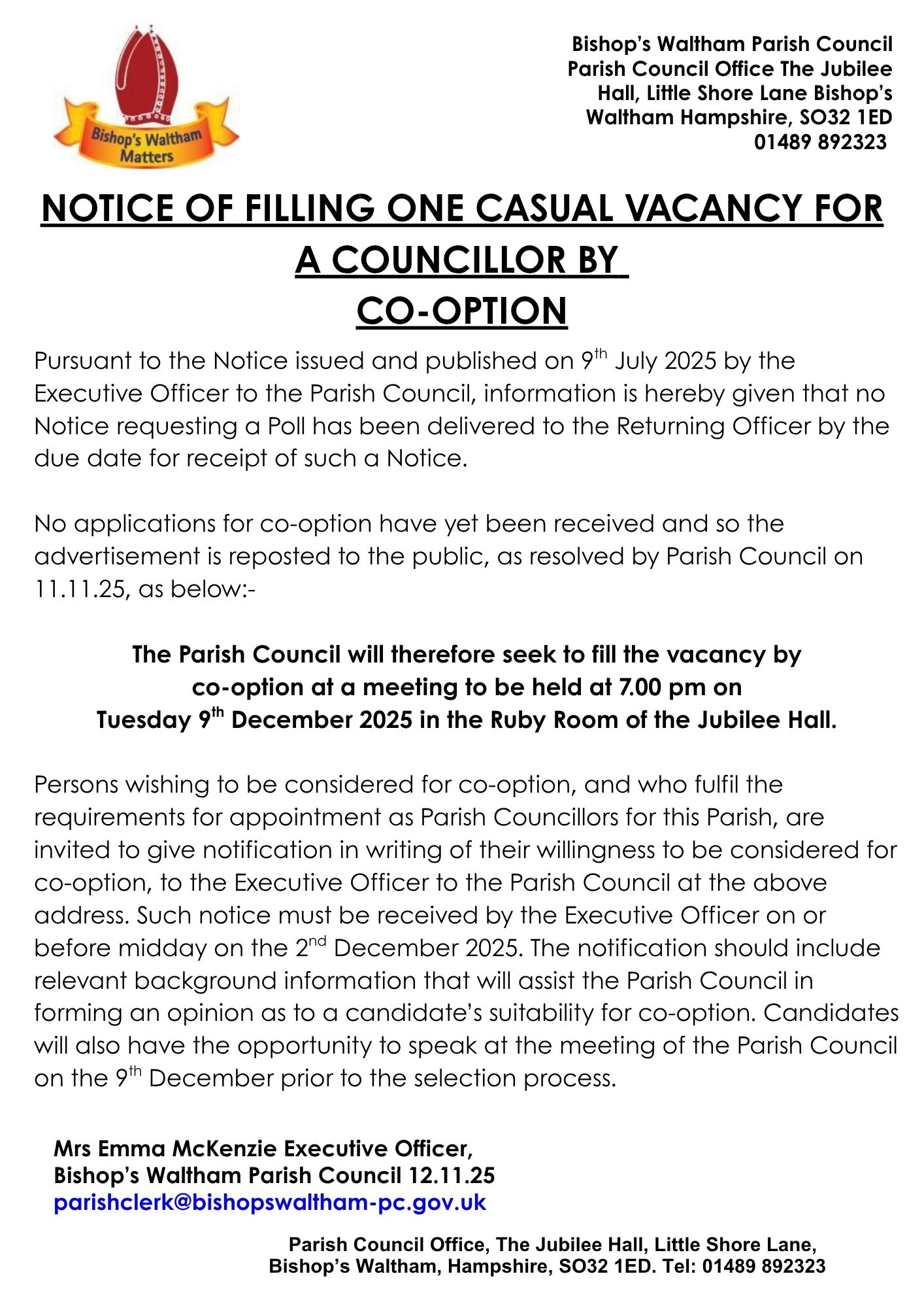 Notice of Filling One Casual Vacancy For A Councillor By Co-Option